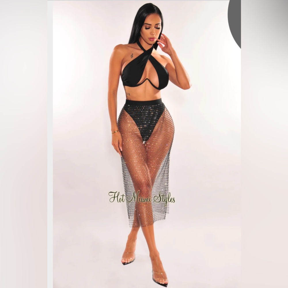 Black fishnet silver rhinestone high waist cover-up skirt